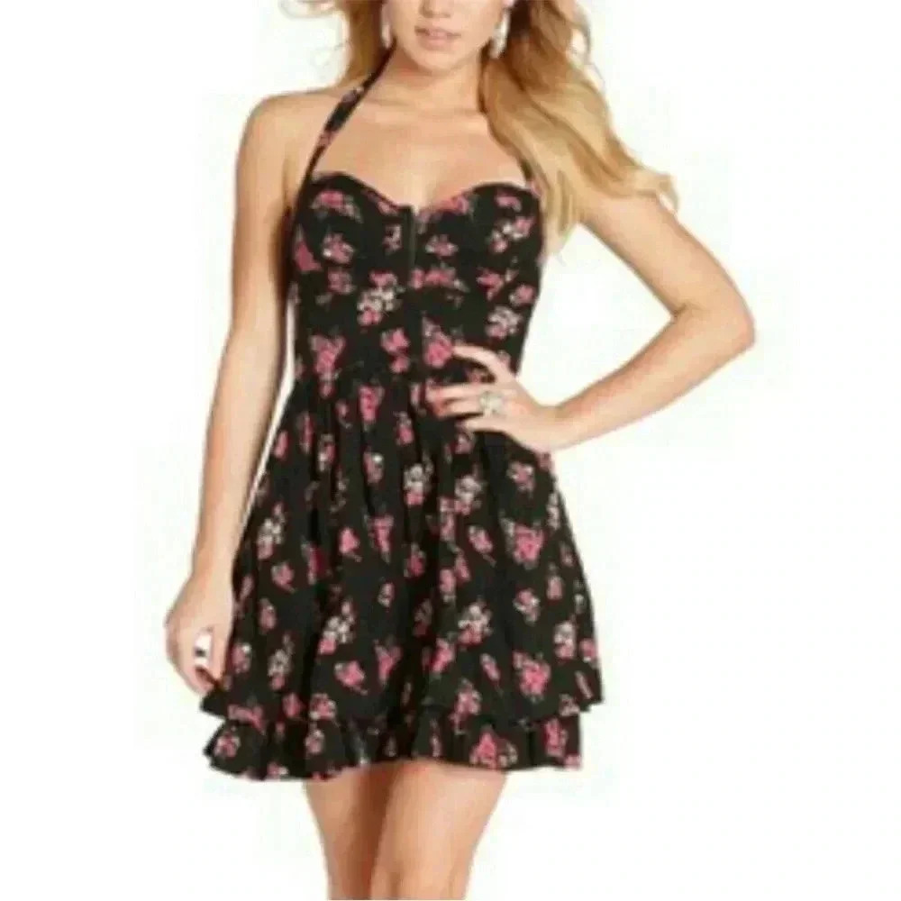 GUESS Vintage Pinup Style Floral Halter Dress tie back straps Y2K ditsy mini 5